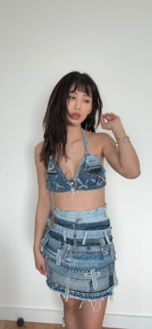 12. Patchwork Denim Halter Bra Top & Mini Skirt Set