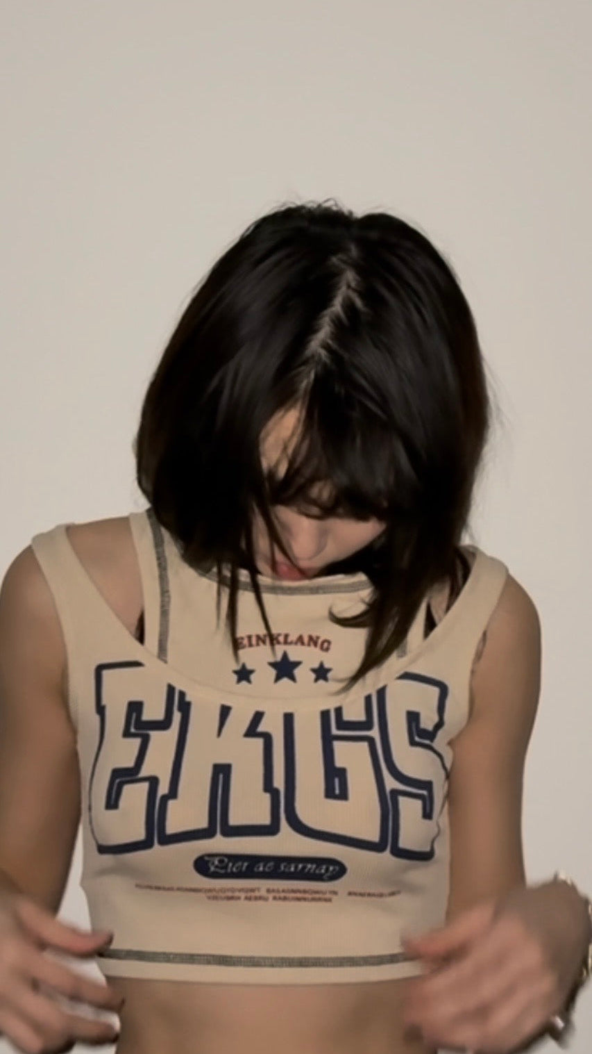 6. Beige Graphic Crop Top from Korea